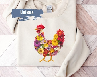 Flower Chicken Sweatshirt, Ladies Chicken Shirt, For Her Farmer Sweatshirt Gift, Chicken Sweater, Floral Chicken, Farm Animal Sweatshirt