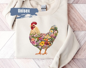 Flower Chicken Sweatshirt, Ladies Chicken Shirt, For Her Farmer Sweatshirt Gift, Chicken Sweater, Floral Chicken, Farm Animal Sweatshirt