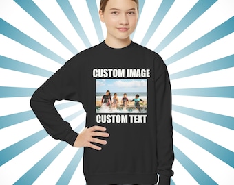Custom 2 Sided Text Photo Youth Sweatshirt, Custom Text Youth Crewneck, Custom Unisex Youth Sweatshirt, Personalized Kids Crewneck,