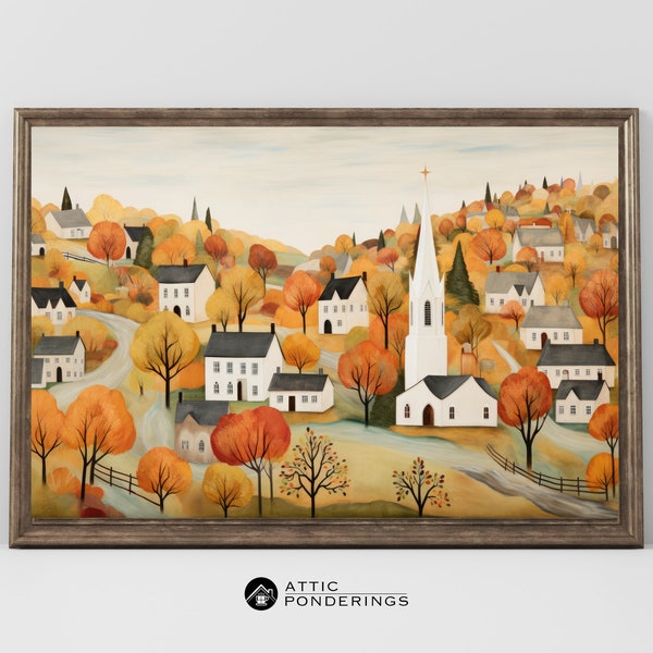 Folk Art Fall Village Wall Art Fall Village Wall Decor Folk Art Fall Decor Digital Print