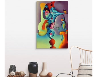 Printable Digital Print of Abstract Original Artwork Picasso-esque featuring Faces, Eyes, Peacock in Blues, Purples, Greens and Oranges