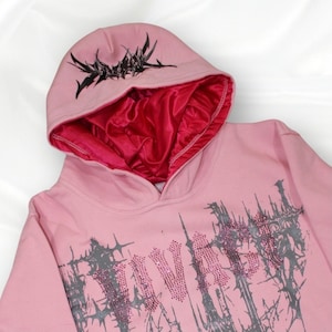 Pink Rhinestone Satin Lined Hoodie Sweatshirt for Curly Hair and Natural Hair Y2K Hip Hop Unisex Streetwear
