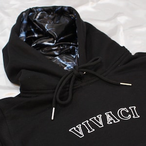 Blue Pattern Satin Lined Black Hoodie for Curly Hair and Natural Hair