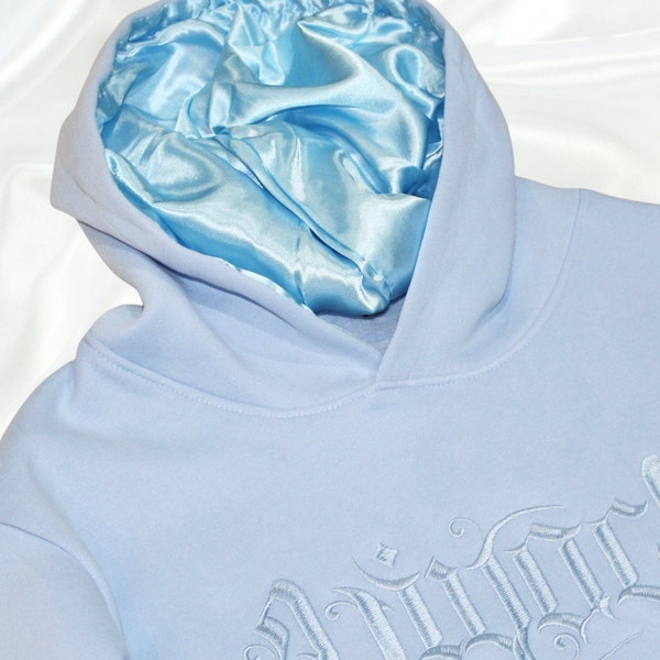 Light Blue Embroidered Satin Lined Hoodie for Curly Hair and Natural Hair