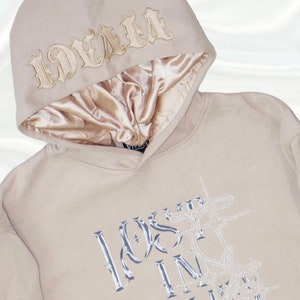 Beige Satin Lined Embroidered Hoodie Set for Curly Hair and Natural Hair