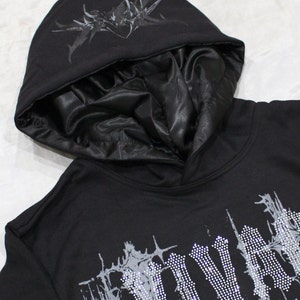 Black Rhinestone Satin Lined Hoodie Sweatshirt for Curly Hair and Natural Hair Y2K Hip Hop Unisex Streetwear