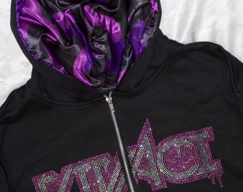 Purple Rhinestone Satin Lined Zip Up Hoodie for Curly Hair and Natural Hair