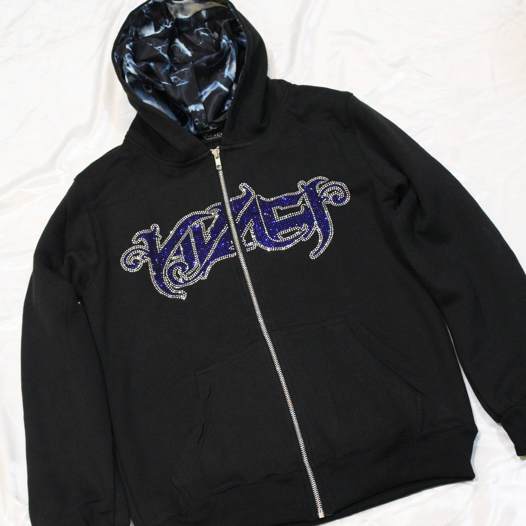 Blue Pattern Rhinestone Satin Lined Zip up Hoodie for Curly Hair and ...