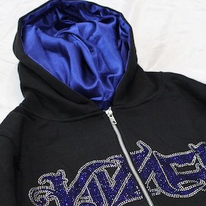 Blue Rhinestone Satin Lined Zip Up Hoodie V2 for Curly Hair and Natural Hair
