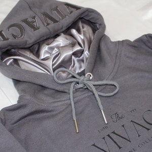 Gray Satin Lined Embroidered Hoodie for Curly Hair and Natural Hair