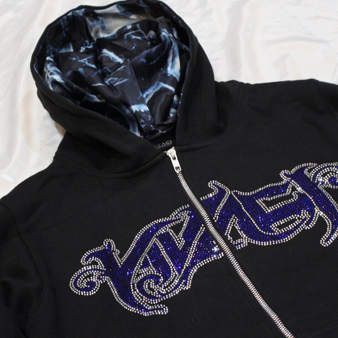 Blue Pattern Rhinestone Satin Lined Zip up Hoodie for Curly Hair and ...