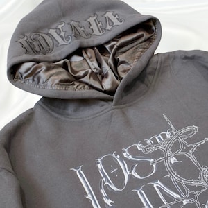 Gray Satin Lined Embroidered Hoodie Set for Curly Hair and Natural Hair