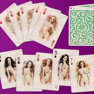 Cartes à jouer vintage pin-up nues. Style Aquarelle. Deck de poker 54 cartes toutes différentes, téléchargement numérique instantané.