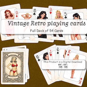 May include: A full deck of 54 vintage retro playing cards. The cards feature pin-up style illustrations. The text "Vintage Retro playing cards" and "Full Deck of 54 Cards" is displayed on the cards. The product is a digital download.