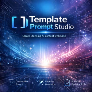 May include: A digital graphic with a blue and purple background features the text "Template Prompt Studio." The text "Create Stunning AI Content with Ease" is below. Icons indicate "Customisable Presets," "Instant AI Generation," and "Powerful Workflow Tools."