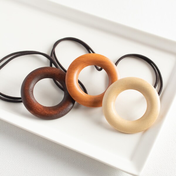 Decorative Wooden Circle Piece Hair Tie | Minimalist Hair Accessories | Natural Wood Inspired Colors