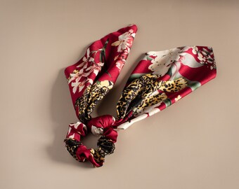 Luxurious Satin Scarf Scrunchie | Leopard-Flower Print | Versatile Hair Accessory