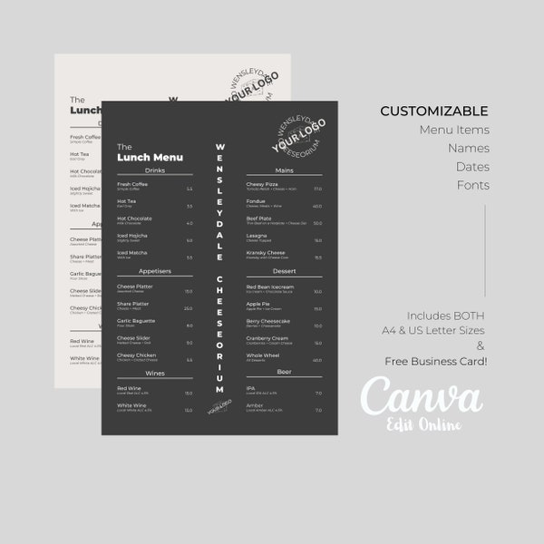 Cafe Menu Template - Two Column Menu With Items and Descriptions - Canva | Cafe, Bakery, Bakehouse, Patisserie | Instant Download!