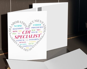 May include: A white card with a colorful word cloud that reads "Collaboration Documentation Physician Advisor CDI Specialist" with the words "Nurse, Diagnoses, DRG, Coder, Procedures, HAC, NOC, ICD-10, PCS, Clinical, Integrity, Quality, Compliance, Truth, Denial,  " surrounding the center words.