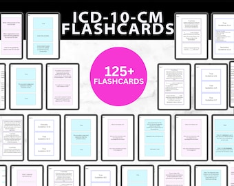 May include: A set of 125+ flashcards with a pink and blue color scheme. The flashcards are designed to help users learn about the ICD-10-CM coding system. The text on the flashcards includes "ICD-10-CM FLASHCARDS" and "125+ FLASHCARDS".