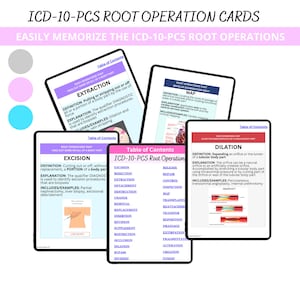 May include: A set of colorful flashcards with the title "ICD-10-PCS Root Operation Cards" and the subtitle "Easily Memorize the ICD-10-PCS Root Operations". Each card features a different root operation, such as Extraction, Excision, Map, and Dilation, with a definition, explanation, and examples.