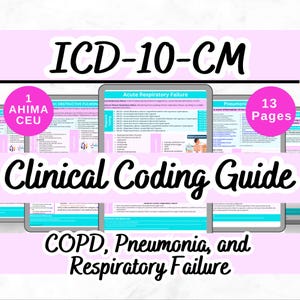 以下が含まれることがあります： 「ICD-10-CM臨床コーディングガイド COPD、肺炎、呼吸不全」というタイトルのピンクとブルーの臨床コーディングガイド。このガイドは13ページで、1 Ahima CEU相当です。