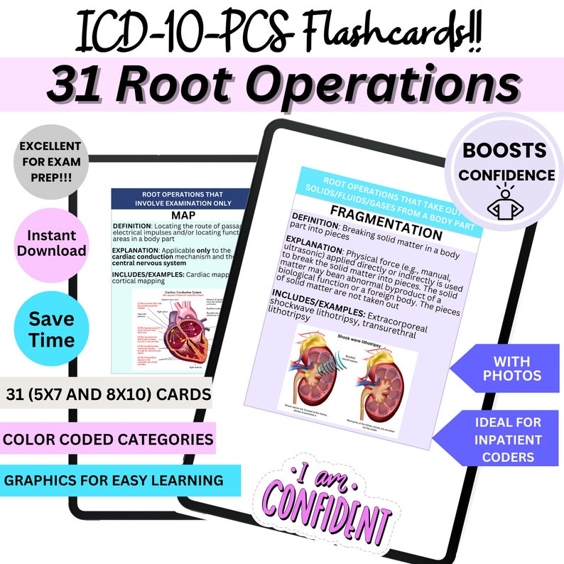 May include: A set of 31 flashcards for learning ICD-10-PCS root operations. The flashcards are color-coded and feature graphics for easy learning. The text on the flashcards includes definitions, explanations, and examples. The flashcards are ideal for inpatient coders and can help boost confidence in understanding ICD-10-PCS.