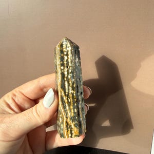 Puede incluir: Un obelisco de piedra preciosa pulida con una parte superior puntiaguda. La piedra presenta una mezcla de colores gris oscuro, marr&oacute;n y crema con un patr&oacute;n moteado. El obelisco se sostiene en una mano sobre un fondo neutro.