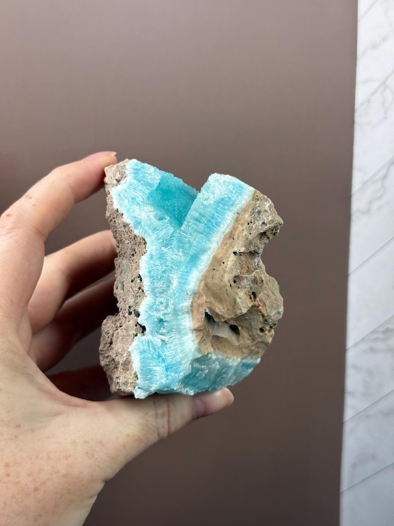 May include: A hand holding a rough-cut mineral specimen. The stone features a striking contrast of colors, with a vibrant, light blue center and a surrounding matrix of tan and brown hues. The mineral has a textured surface.