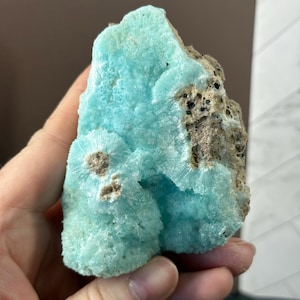 Puede incluir: Primer plano de un esp&eacute;cimen mineral con un llamativo color azul claro. La estructura cristalina tiene un aspecto texturizado y poroso con peque&ntilde;os puntos oscuros. El mineral es una piedra natural en bruto.