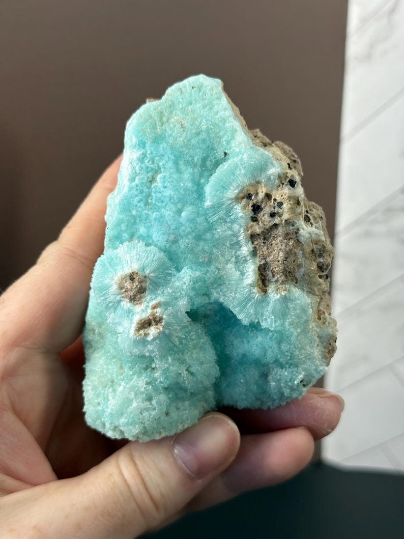 Puede incluir: Primer plano de un esp&eacute;cimen mineral con un llamativo color azul claro. La estructura cristalina tiene un aspecto texturizado y poroso con peque&ntilde;os puntos oscuros. El mineral es una piedra natural en bruto.