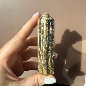 Puede incluir: Un obelisco de piedra preciosa rectangular y pulido. La piedra presenta un patr&oacute;n de manchas y vetas grises oscuras, crema y marr&oacute;n dorado. El obelisco se sostiene en una mano, mostrando su forma lisa y facetada y sus variaciones de color naturales.