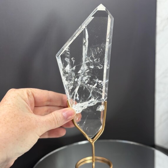 Clear Quartz Crystal on Gold Stand: Natural Home Decor