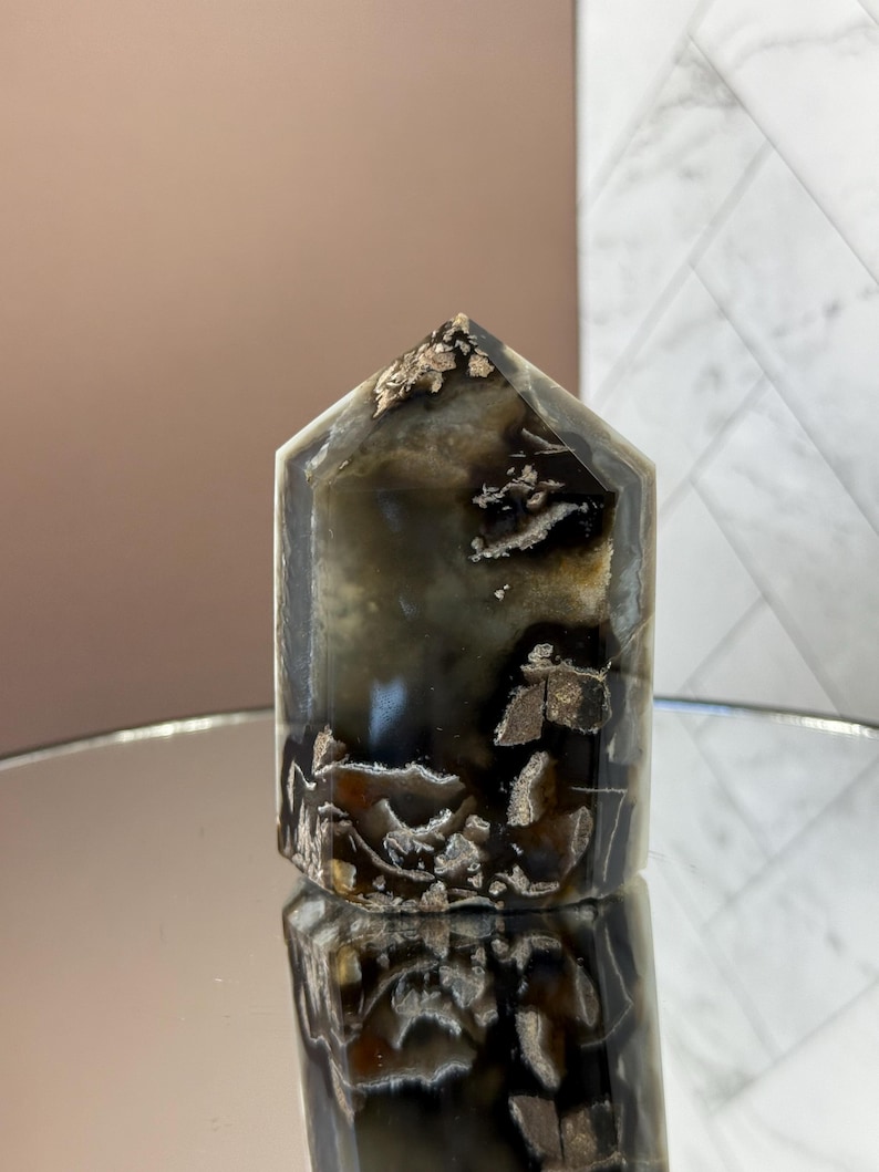 May include: A polished, hexagonal crystal tower with a pointed top. The stone features a mix of dark brown, black, and cream colors with a reflective surface. The crystal is displayed on a mirrored surface.