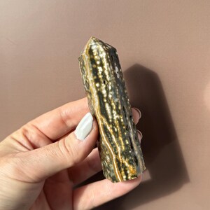 Puede incluir: Una piedra preciosa pulida y columnar con un patr&oacute;n moteado de colores verde oscuro, marr&oacute;n y crema. El cristal se sostiene en una mano sobre un fondo neutro. La parte superior tiene forma puntiaguda y facetada.