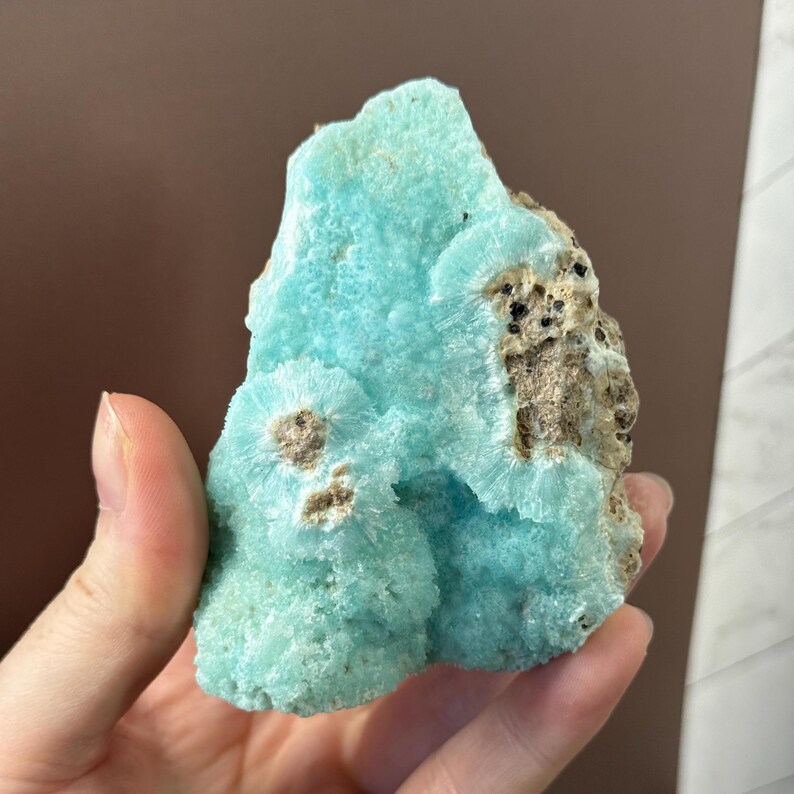 Puede incluir: Un vibrante esp&eacute;cimen mineral de color azul claro con una superficie texturizada. La piedra presenta formaciones cristalinas y &aacute;reas de inclusiones marrones y negras. La forma general es irregular, mostrando la belleza geol&oacute;gica natural.
