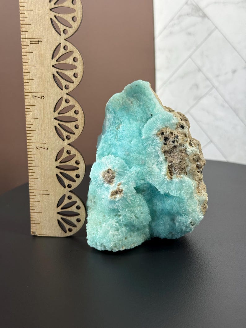 Puede incluir: Un vibrante esp&eacute;cimen mineral de aragonita azul claro con una superficie rugosa y texturizada. La piedra mide aproximadamente 7.6 cm de altura, con una regla de madera para la escala. La aragonita tiene inclusiones marrones y beige.