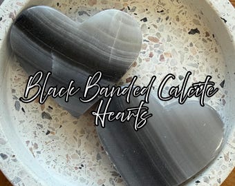 Black Banded Calcite Hearts | Natural Polished Crystal Décor