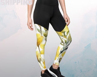 Yellow Watercolor Flowers Womens Compression Sports Leggings