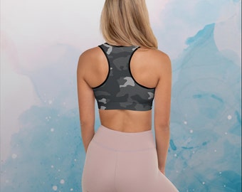 Soutien-gorge de sport rembourré noir et gris camouflage