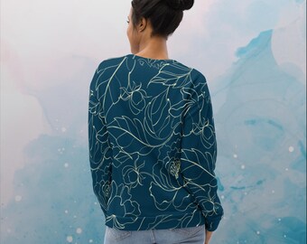 Sweat-shirt unisexe bleu et doré floral stencil lines