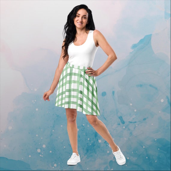 Green Gingham Print Womens Skater Skirt Etsy Canada
