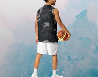 Black and Grey Camo Print Recycled Unisex Basketball Jersey