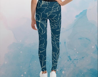 Blue and Gold Floral Stencil Lines Youth Leggings