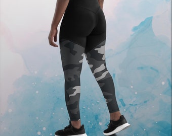 Black and Grey Camo Print Womens Compression Sports Leggings