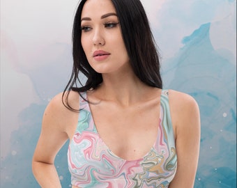 Pink and Mint Green Marbled Womens Recycled Padded Bikini Workout Bralette Top