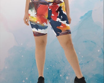 Short de bain motard de yoga pour femmes avec impression de peinture de couleurs primaires