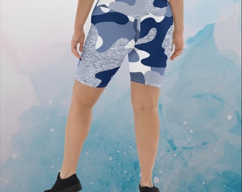 Short de bain motard de yoga pour femmes bleu géant à imprimé camouflage