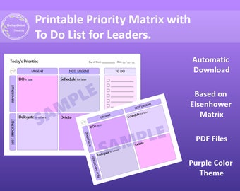 Printable Priority Matrix with To Do List, Eisenhower Decision-making Matrix for Time Management & Productivity, PDF, Purple Color Theme