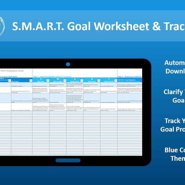 SMART Goal Worksheet and Tracker for Excel, SMART Goal Setting and Planning, Annual Evaluation Preparation, Blue Color Theme